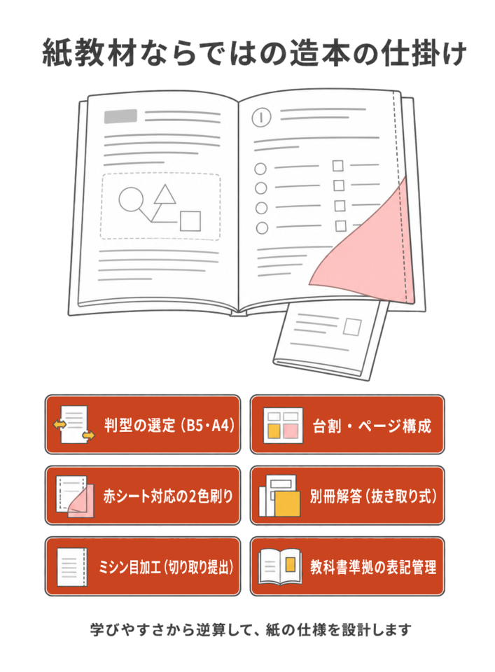 紙教材ならではの造本の仕掛け(判型の選定・台割/ページ構成・赤シート対応の2色刷り・別冊解答の抜き取り式・ミシン目加工・教科書準拠の表記管理を、学びやすさから逆算して設計)