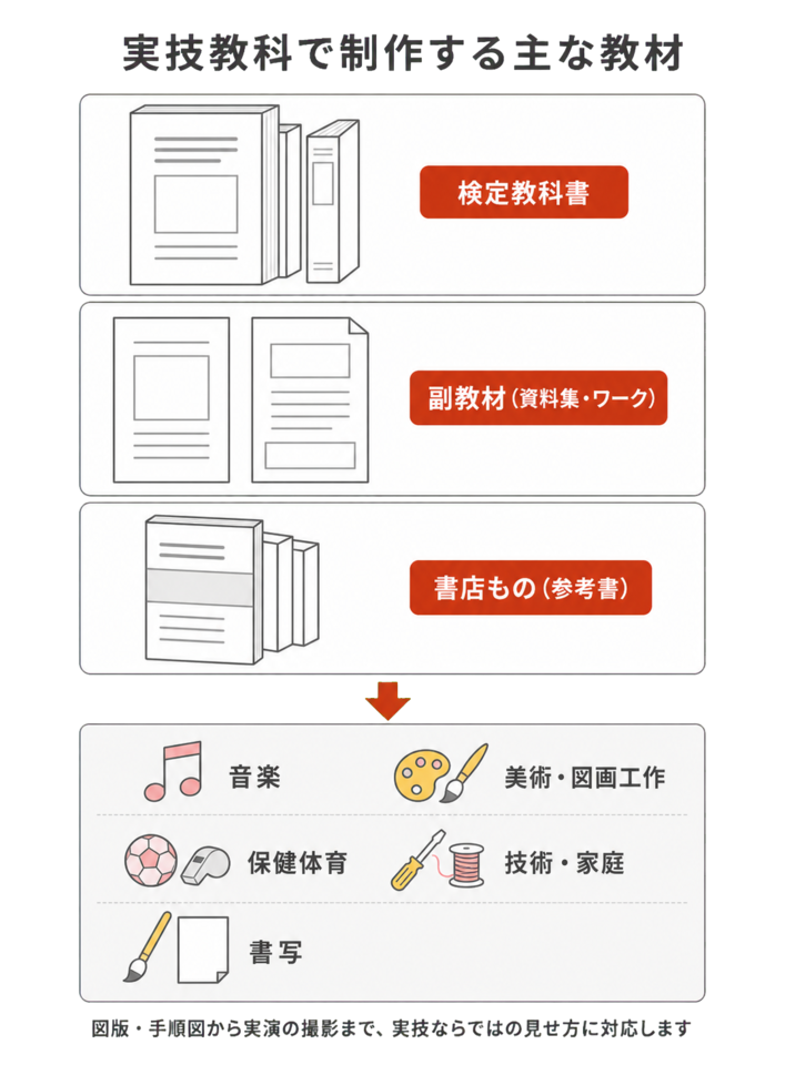 実技教科で制作する主な教材(検定教科書/副教材(資料集・ワーク)/書店もの(参考書)の3種類と、対応する音楽・美術図画工作・保健体育・技術家庭・書写の5教科)