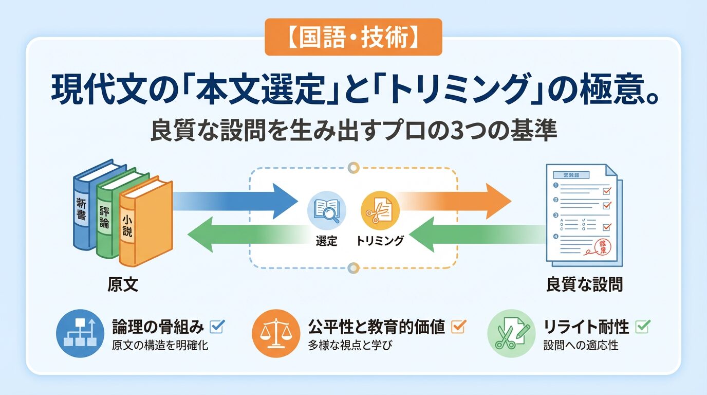 【国語・技術】現代文の「本文選定」と「トリミング」の極意。良質な設問を生み出すプロの3つの基準