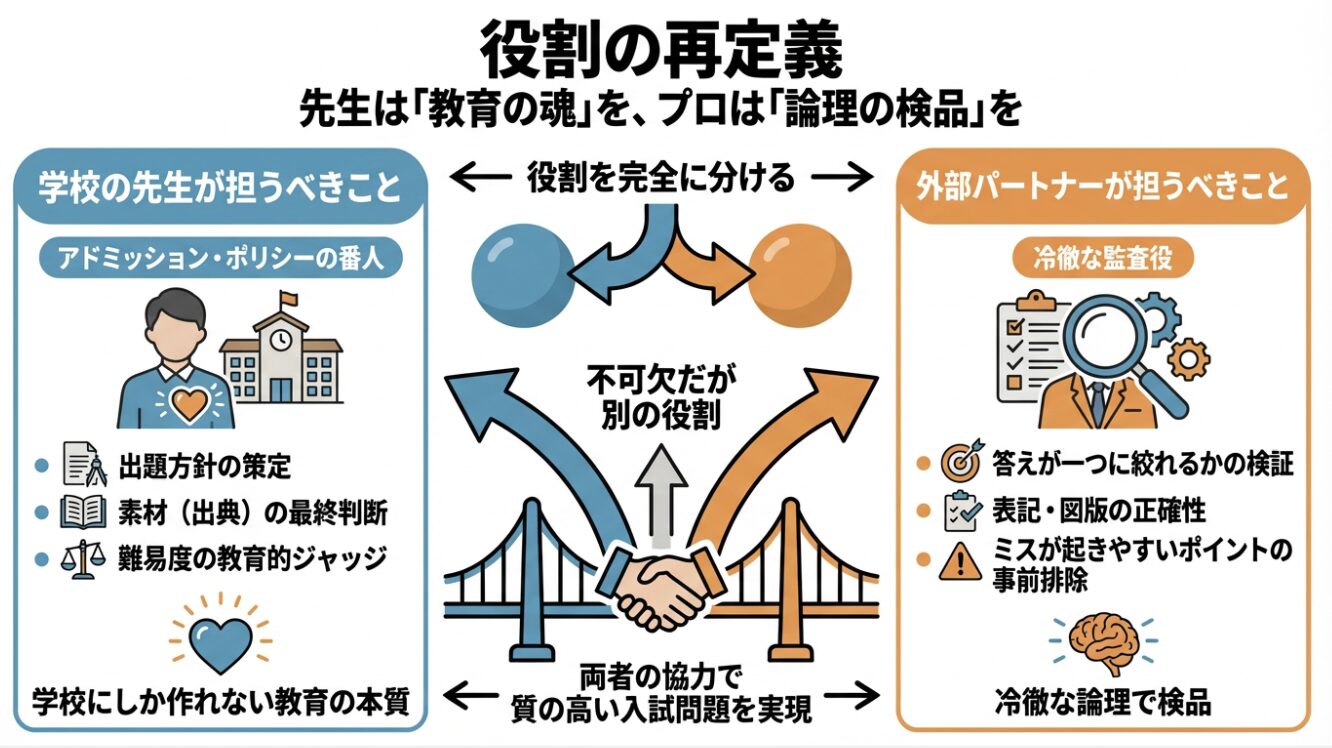 役割の再定義:先生は「教育の魂」を、プロは「論理の検品」を