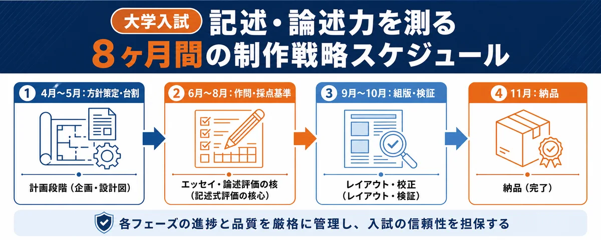 【大学入試】「記述式・論述力」を正確に測る。総合大学の学術的威信と選抜の公平性を守る、8ヶ月間の制作戦略スケジュール